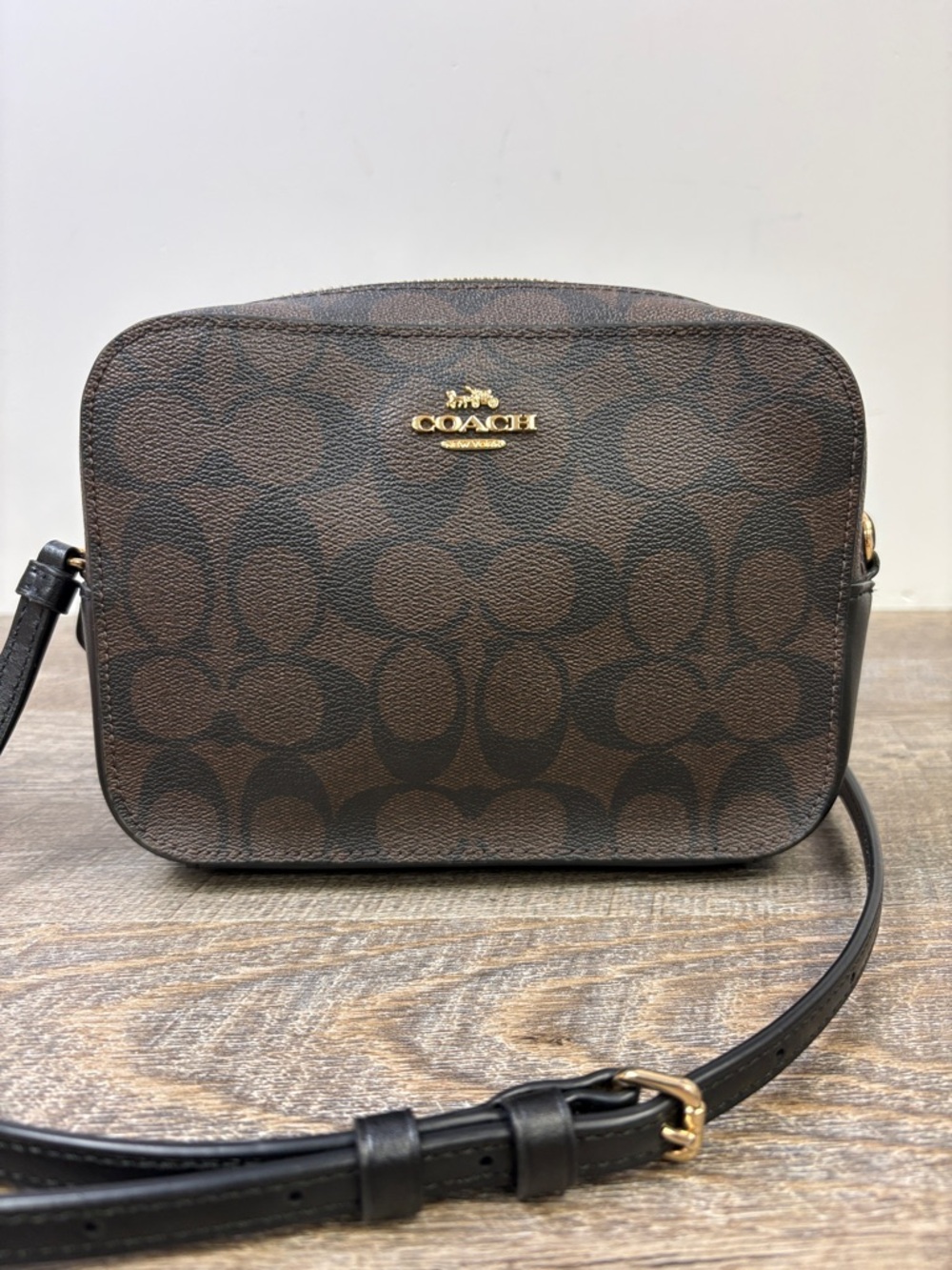 COACH Signature Camera Crossbody Bag Brown Canvas Leather Trim Gold Hardware